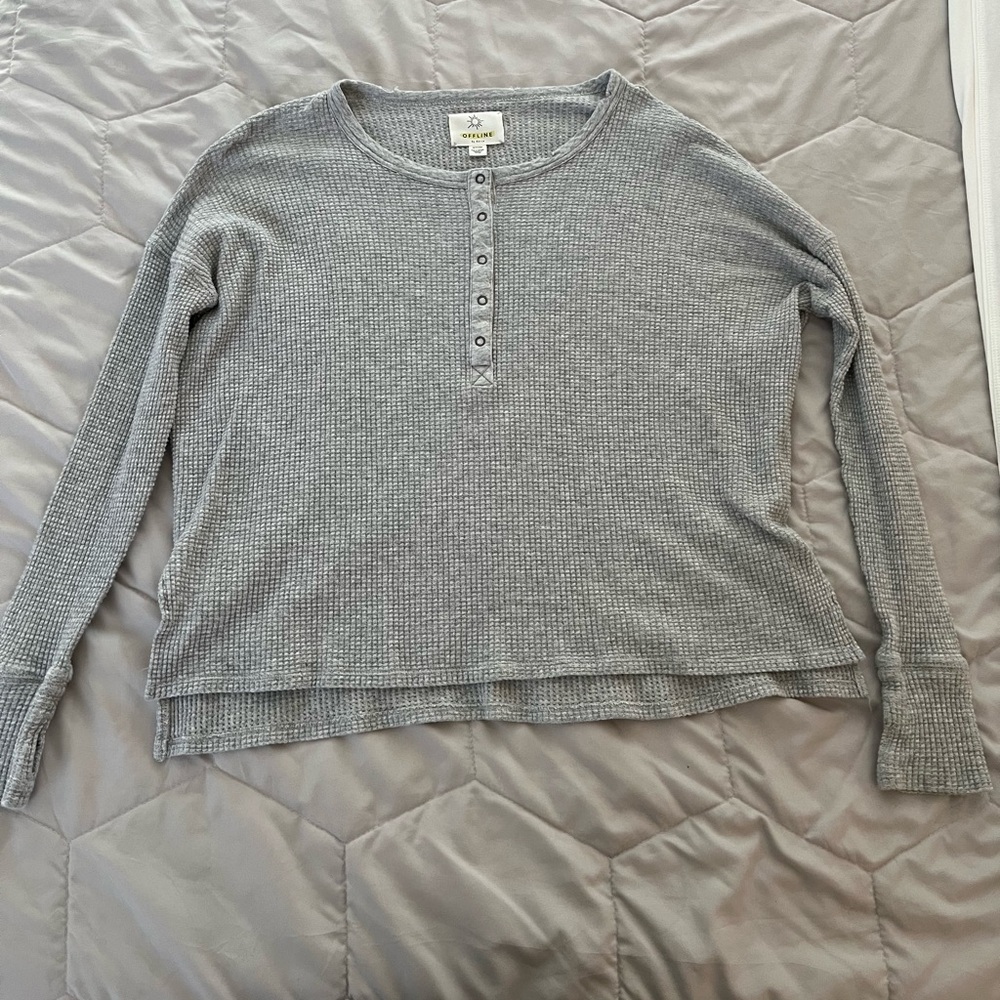 aerie Gray Waffle Henley Long Sleeve Top
